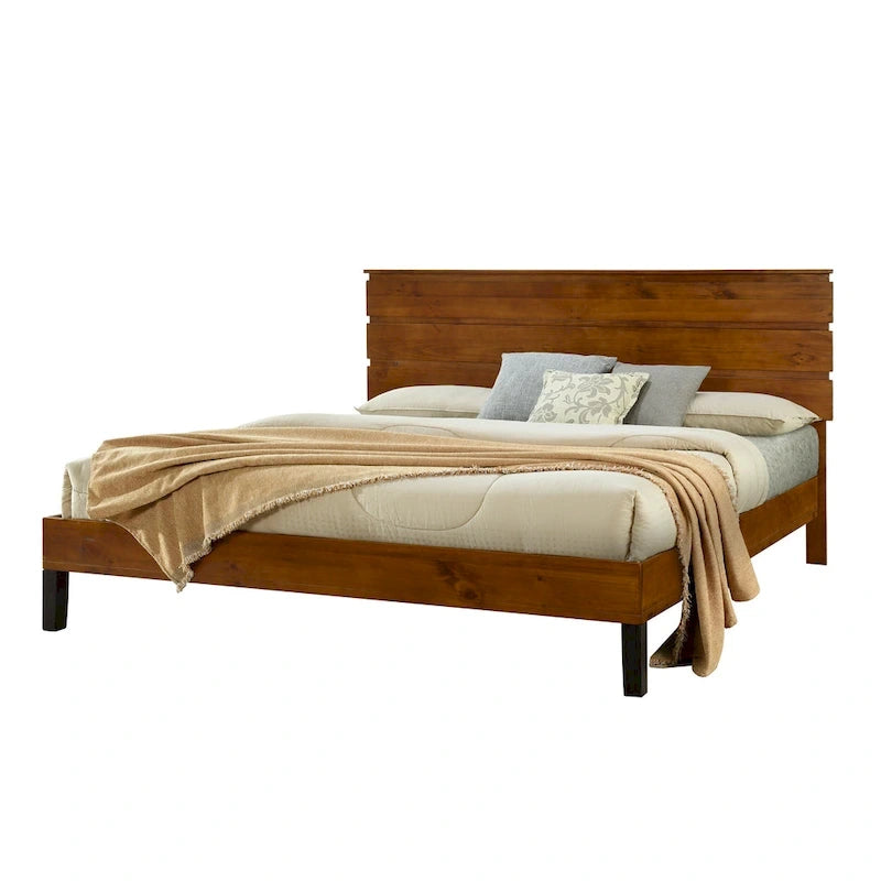 Letto a piattaforma in legno massello marrone Mid-Century Modern, King, 2 persone