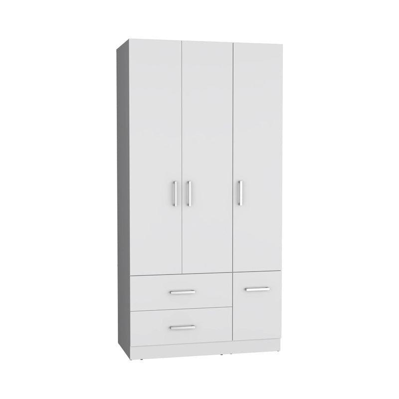 Armadio moderno a 3 ante bianco/nero con asta appendiabiti, 2 cassetti e 5 ripiani