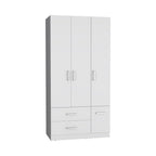 Armadio moderno a 3 ante bianco/nero con asta appendiabiti, 2 cassetti e 5 ripiani