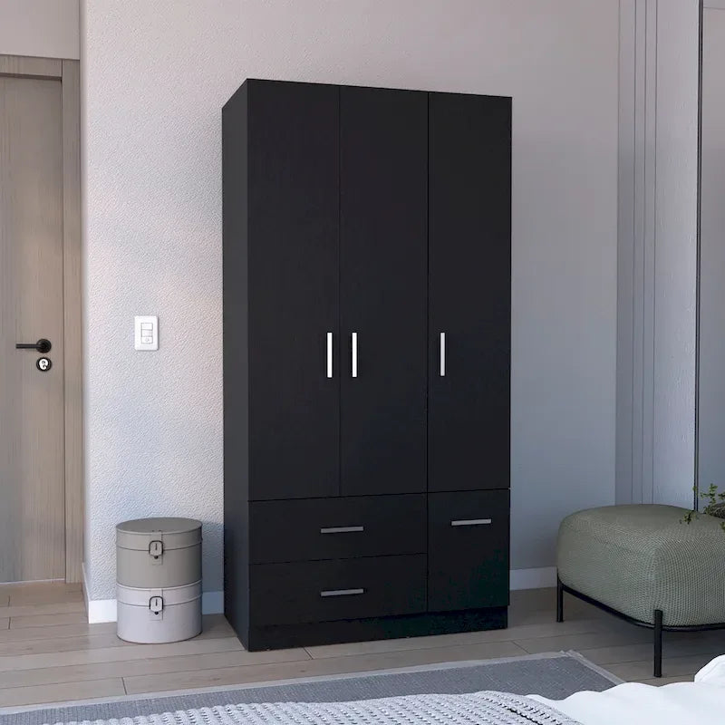 Armadio moderno a 3 ante bianco/nero con asta appendiabiti, 2 cassetti e 5 ripiani