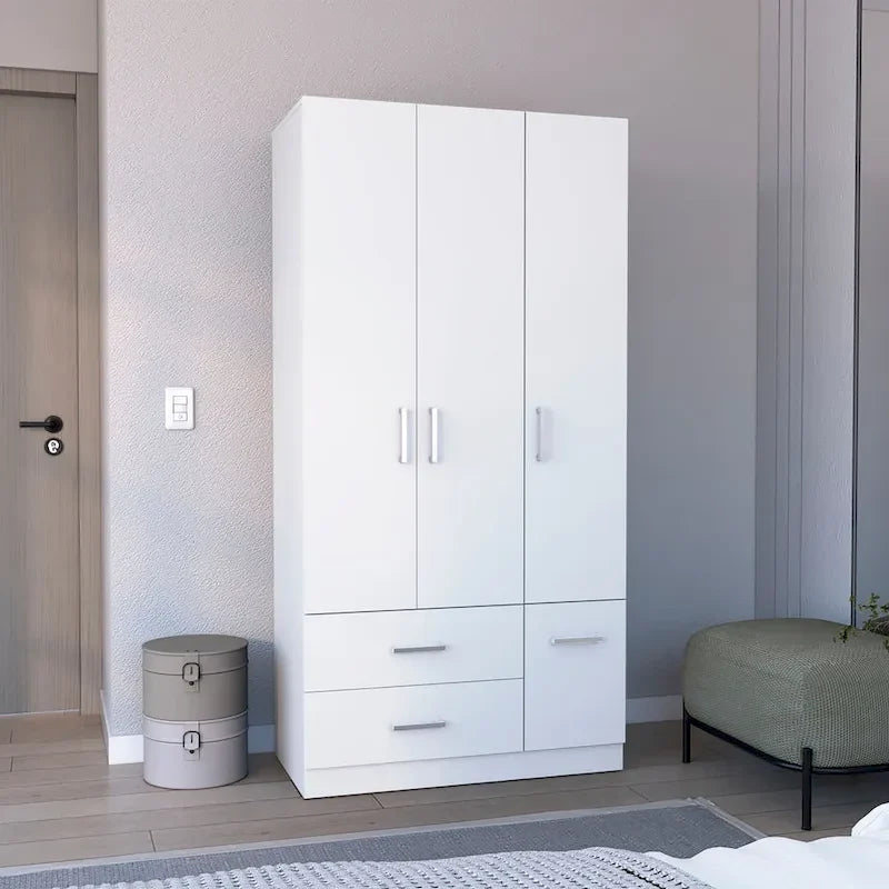 Armadio moderno a 3 ante bianco/nero con asta appendiabiti, 2 cassetti e 5 ripiani
