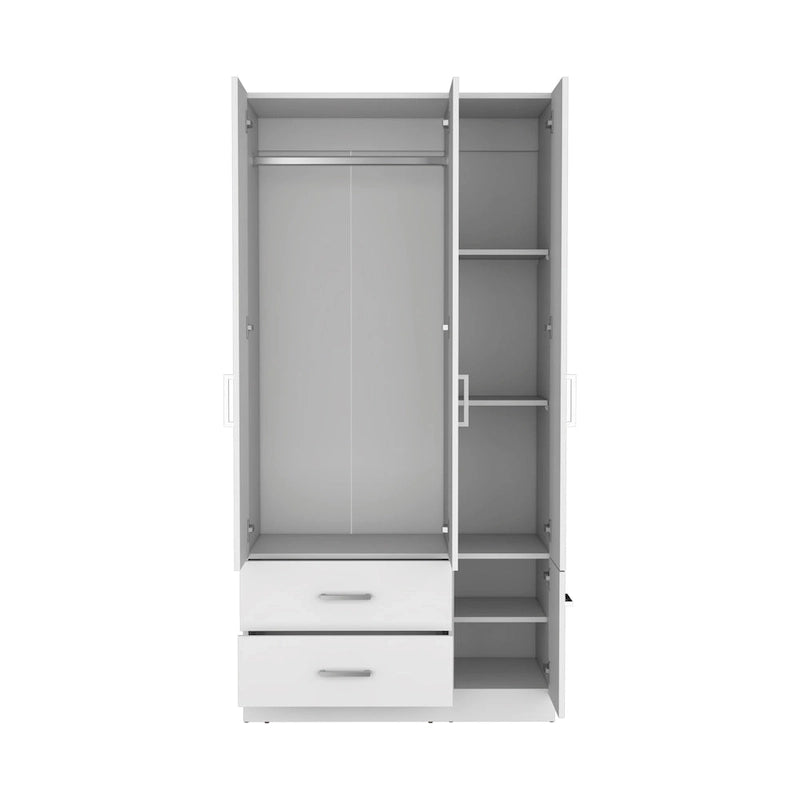 Armadio moderno a 3 ante bianco/nero con asta appendiabiti, 2 cassetti e 5 ripiani