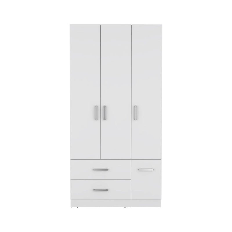 Armadio moderno a 3 ante bianco/nero con asta appendiabiti, 2 cassetti e 5 ripiani