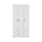 Armadio moderno a 3 ante bianco/nero con asta appendiabiti, 2 cassetti e 5 ripiani