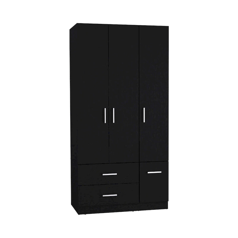 Armadio moderno a 3 ante bianco/nero con asta appendiabiti, 2 cassetti e 5 ripiani