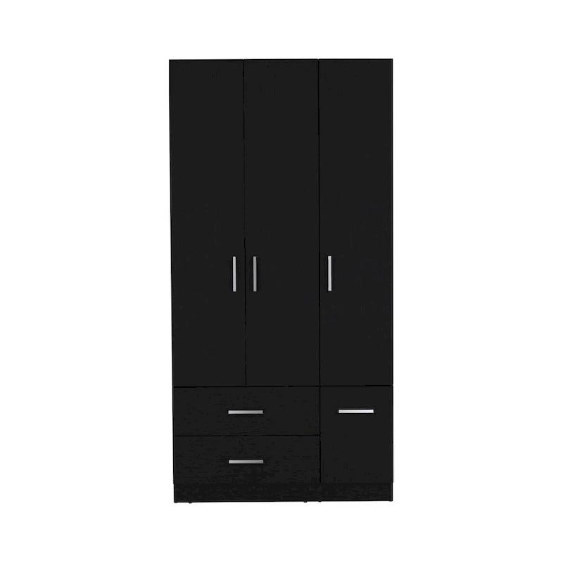 Armadio moderno a 3 ante bianco/nero con asta appendiabiti, 2 cassetti e 5 ripiani