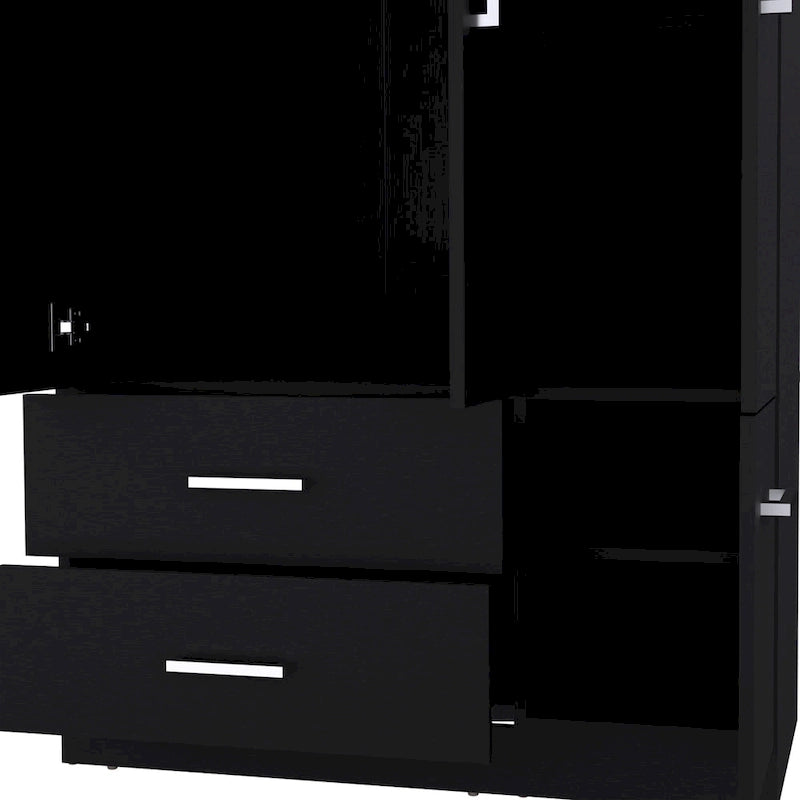 Armadio moderno a 3 ante bianco/nero con asta appendiabiti, 2 cassetti e 5 ripiani