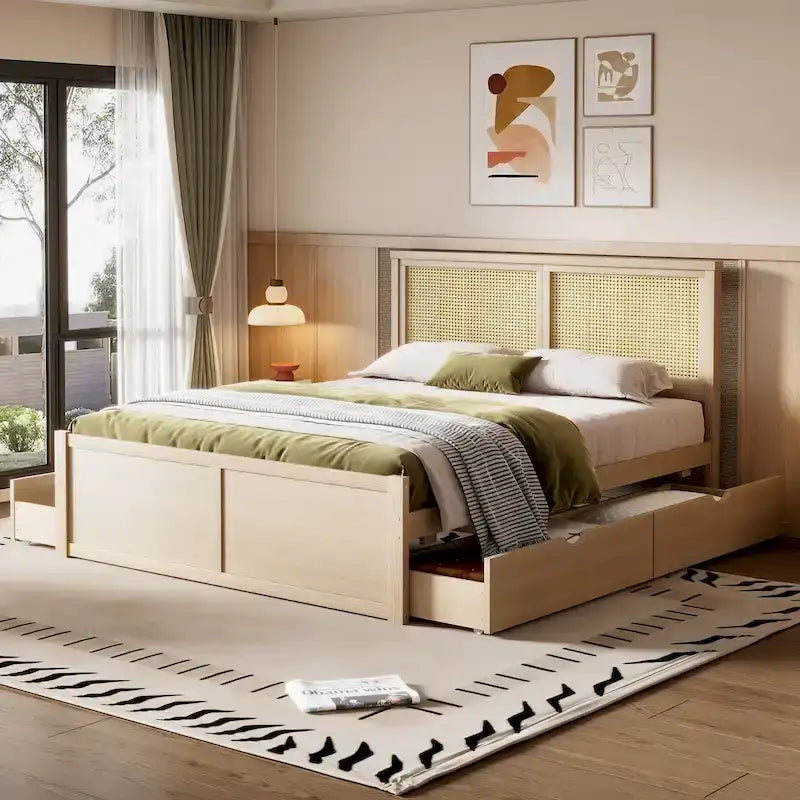 Letto Queen Piattaforma Antico Naturale con Rattan e 4 Cassetti – 1 Persona