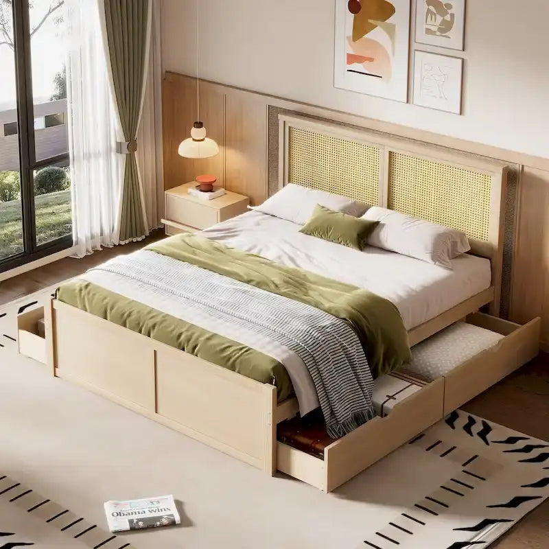 Letto Queen Piattaforma Antico Naturale con Rattan e 4 Cassetti – 1 Persona