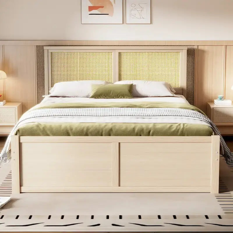 Letto Queen Piattaforma Antico Naturale con Rattan e 4 Cassetti – 1 Persona
