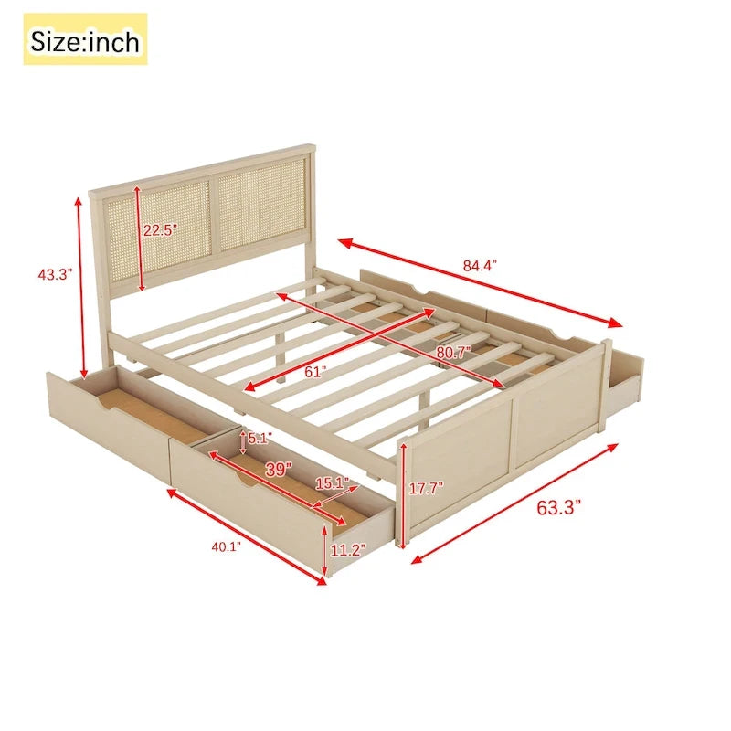 Letto Queen Piattaforma Antico Naturale con Rattan e 4 Cassetti – 1 Persona