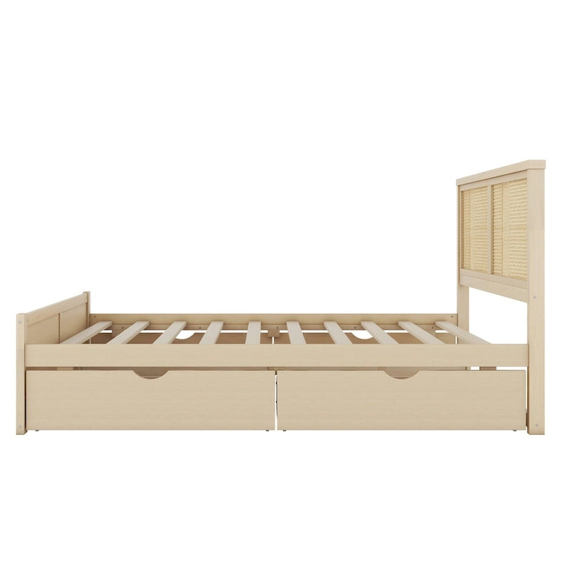 Letto Queen Piattaforma Antico Naturale con Rattan e 4 Cassetti – 1 Persona