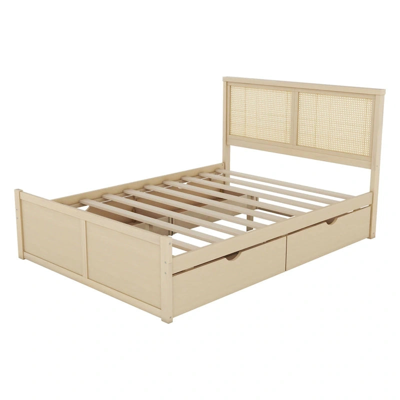 Letto Queen Piattaforma Antico Naturale con Rattan e 4 Cassetti – 1 Persona