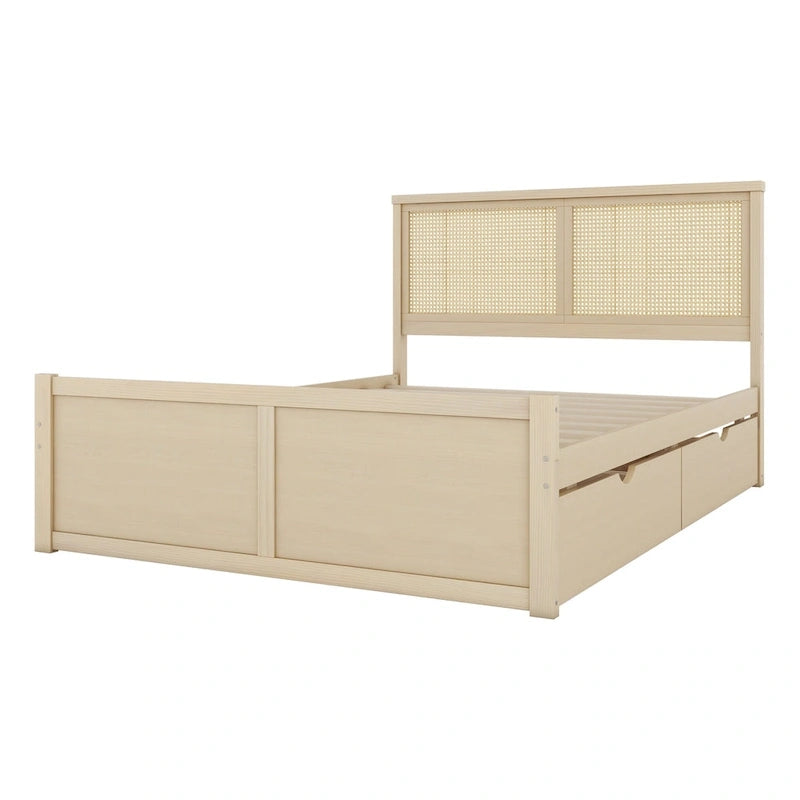Letto Queen Piattaforma Antico Naturale con Rattan e 4 Cassetti – 1 Persona