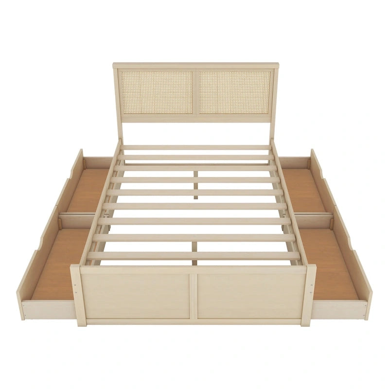 Letto Queen Piattaforma Antico Naturale con Rattan e 4 Cassetti – 1 Persona