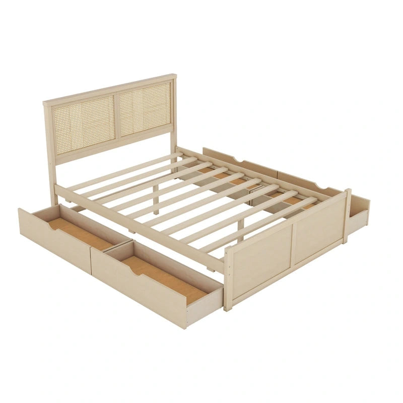 Letto Queen Piattaforma Antico Naturale con Rattan e 4 Cassetti – 1 Persona