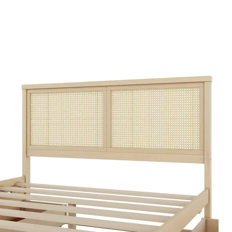 Letto Queen Piattaforma Antico Naturale con Rattan e 4 Cassetti – 1 Persona