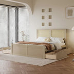 Letto a Piattaforma Naturale Antico di Grandezza Standard con 4 Cassetti e Testiera in Rattan, Per 1-2 Persone