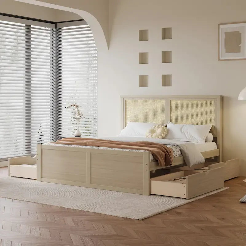Letto a Piattaforma Naturale Antico di Grandezza Standard con 4 Cassetti e Testiera in Rattan, Per 1-2 Persone