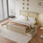 Letto a Piattaforma Naturale Antico di Grandezza Standard con 4 Cassetti e Testiera in Rattan, Per 1-2 Persone