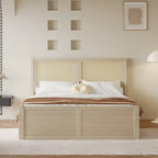 Letto a Piattaforma Naturale Antico di Grandezza Standard con 4 Cassetti e Testiera in Rattan, Per 1-2 Persone