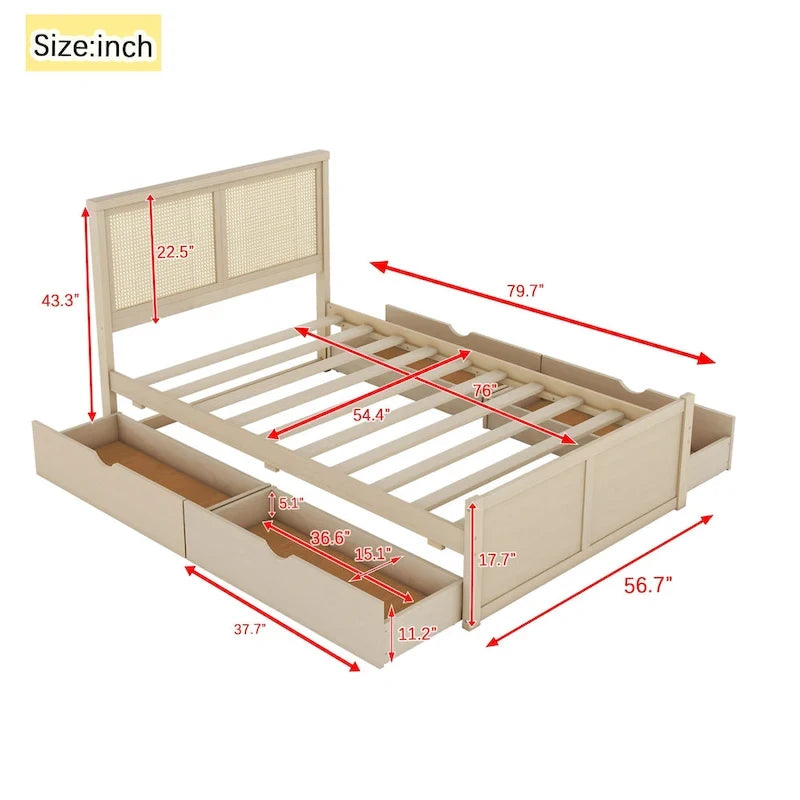Letto a Piattaforma Naturale Antico di Grandezza Standard con 4 Cassetti e Testiera in Rattan, Per 1-2 Persone