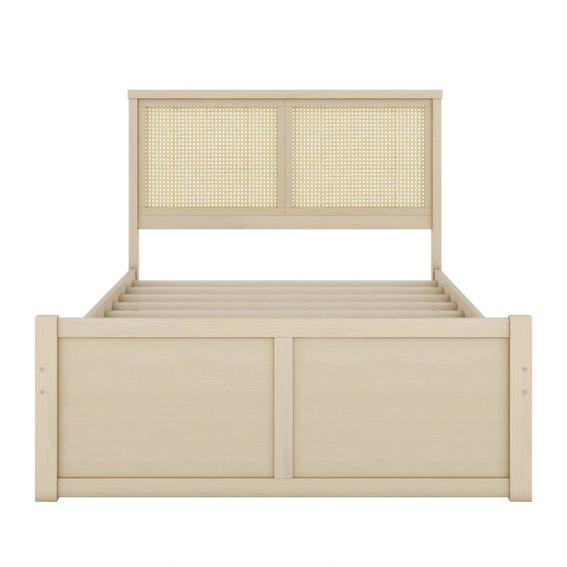 Letto a Piattaforma Naturale Antico di Grandezza Standard con 4 Cassetti e Testiera in Rattan, Per 1-2 Persone