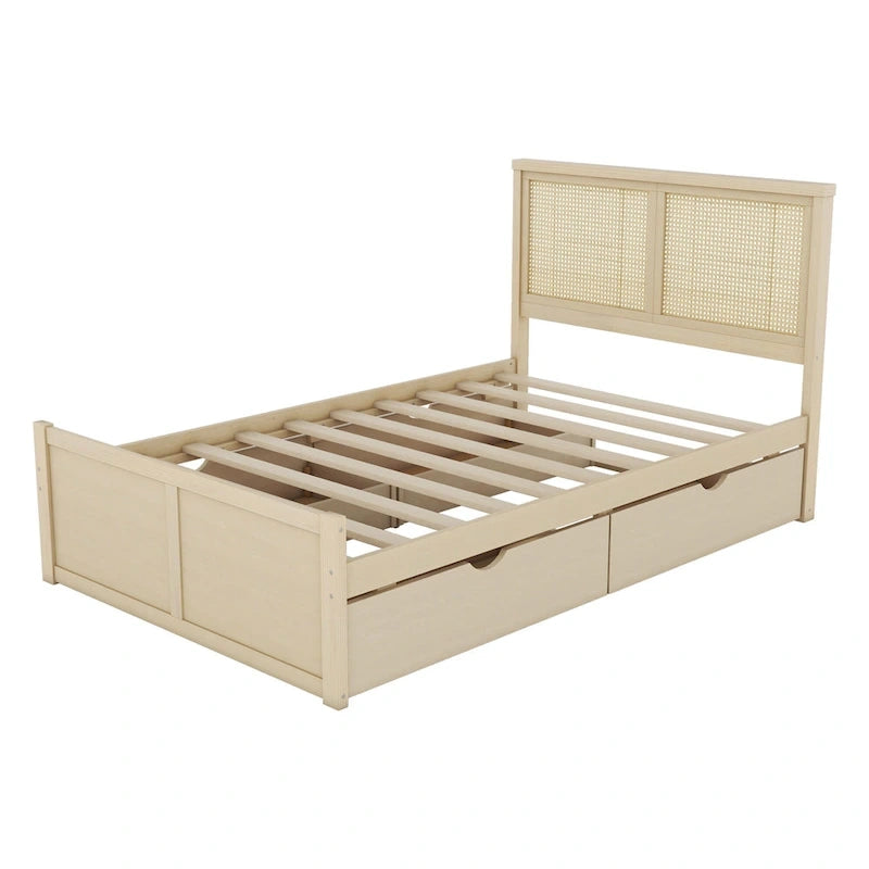 Letto a Piattaforma Naturale Antico di Grandezza Standard con 4 Cassetti e Testiera in Rattan, Per 1-2 Persone