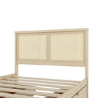 Letto a Piattaforma Naturale Antico di Grandezza Standard con 4 Cassetti e Testiera in Rattan, Per 1-2 Persone