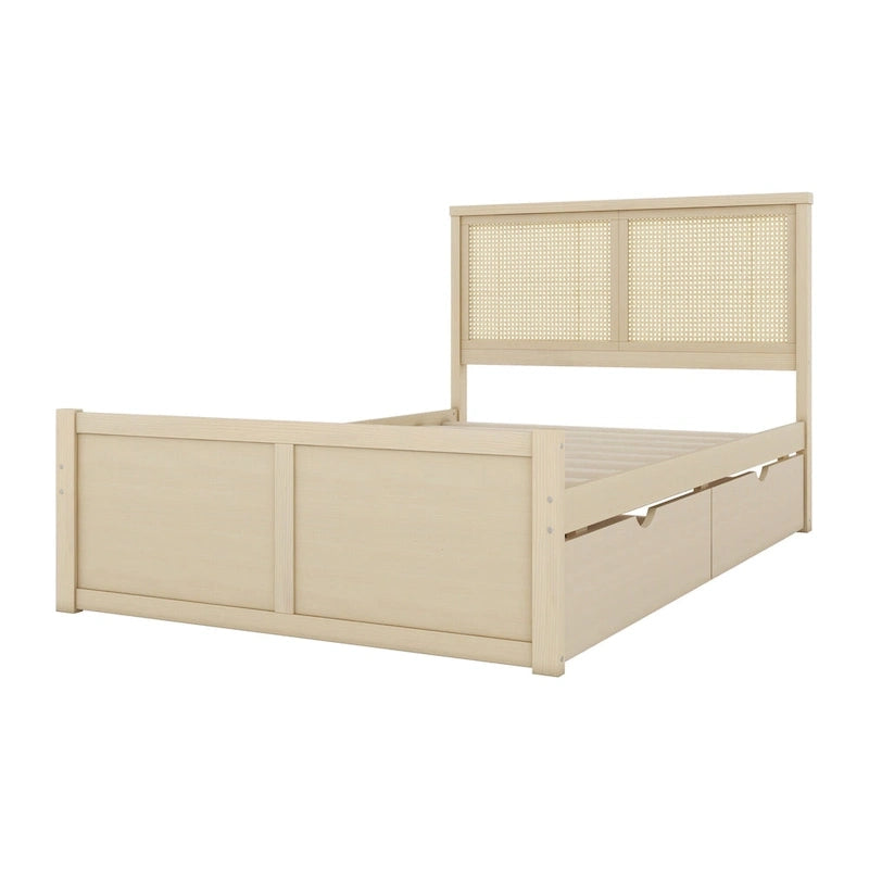Letto a Piattaforma Naturale Antico di Grandezza Standard con 4 Cassetti e Testiera in Rattan, Per 1-2 Persone