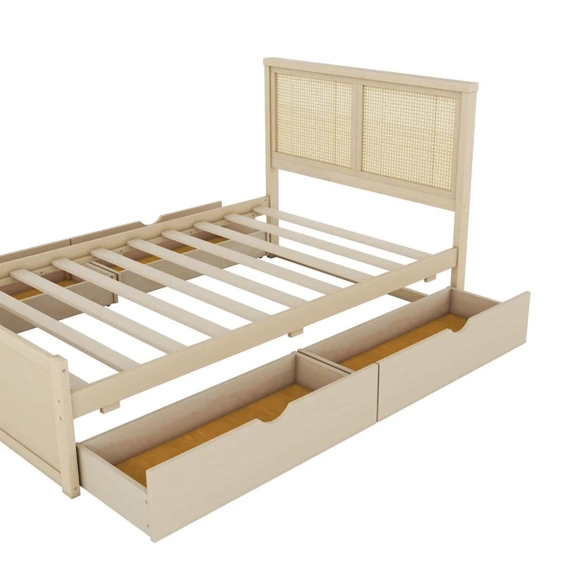 Letto a Piattaforma Naturale Antico di Grandezza Standard con 4 Cassetti e Testiera in Rattan, Per 1-2 Persone