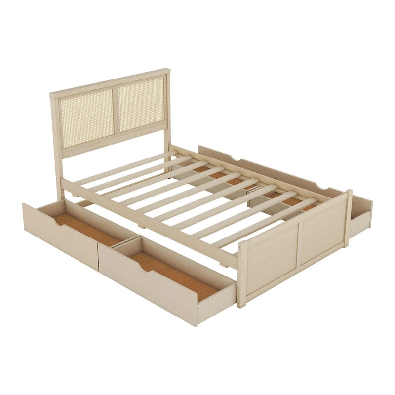 Letto a Piattaforma Naturale Antico di Grandezza Standard con 4 Cassetti e Testiera in Rattan, Per 1-2 Persone
