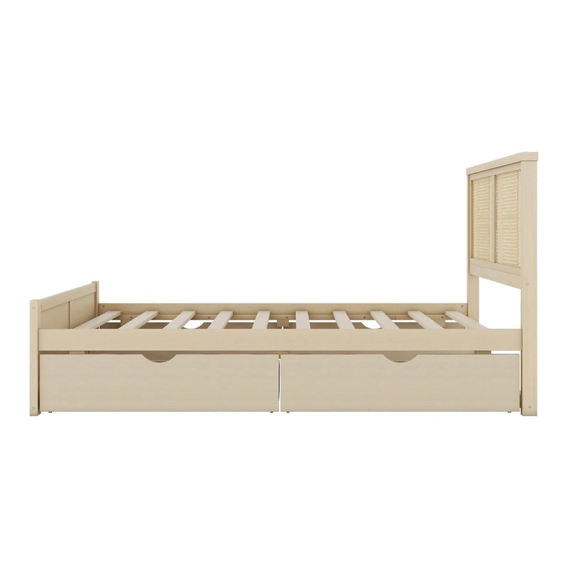 Letto a Piattaforma Naturale Antico di Grandezza Standard con 4 Cassetti e Testiera in Rattan, Per 1-2 Persone