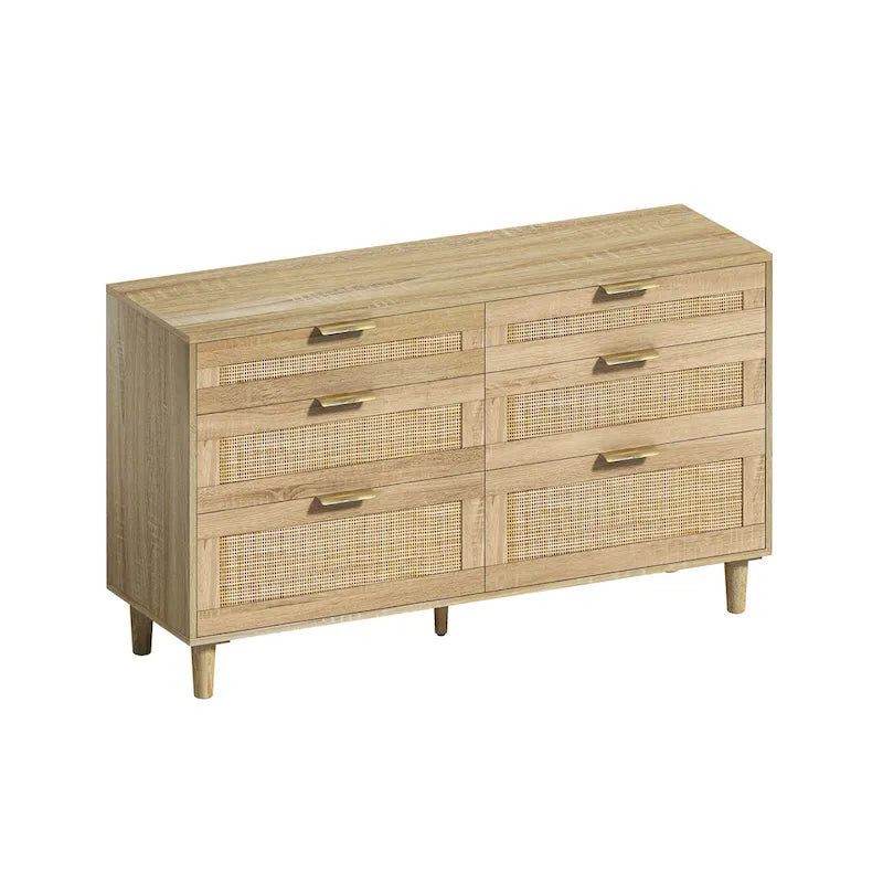 Comò doppio a 6 cassetti con frontale in rattan nero/naturale, maniglie in metallo, gambe in legno