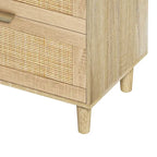 Comò doppio a 6 cassetti con frontale in rattan nero/naturale, maniglie in metallo, gambe in legno