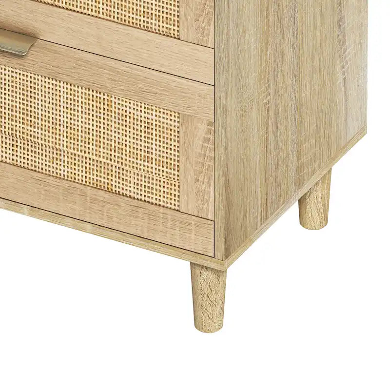 Comò doppio a 6 cassetti con frontale in rattan nero/naturale, maniglie in metallo, gambe in legno