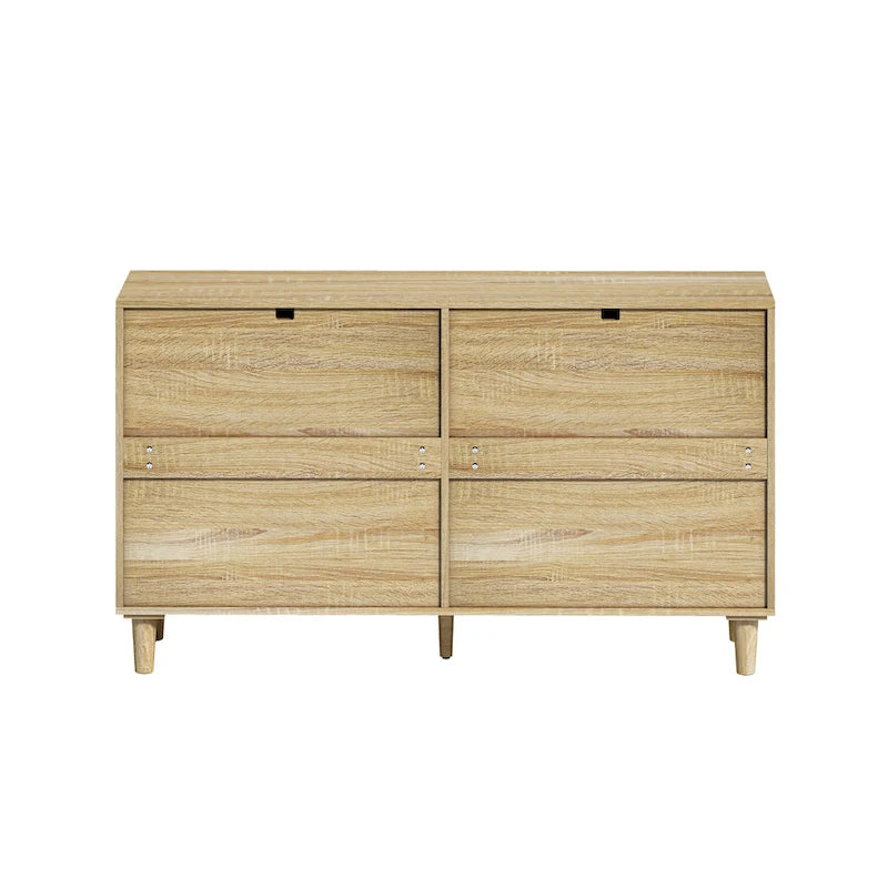 Comò doppio a 6 cassetti con frontale in rattan nero/naturale, maniglie in metallo, gambe in legno