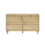 Comò doppio a 6 cassetti con frontale in rattan nero/naturale, maniglie in metallo, gambe in legno
