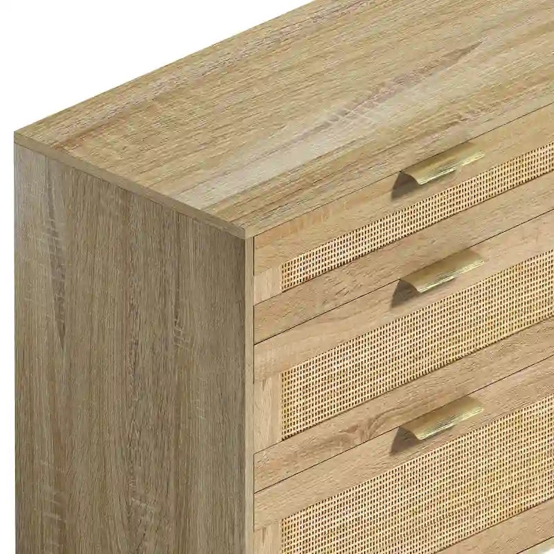Comò doppio a 6 cassetti con frontale in rattan nero/naturale, maniglie in metallo, gambe in legno
