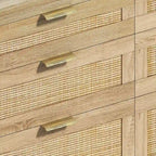Comò doppio a 6 cassetti con frontale in rattan nero/naturale, maniglie in metallo, gambe in legno