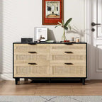 Comò doppio a 6 cassetti con frontale in rattan nero/naturale, maniglie in metallo, gambe in legno