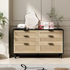 Comò doppio a 6 cassetti con frontale in rattan nero/naturale, maniglie in metallo, gambe in legno