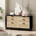 Comò doppio a 6 cassetti con frontale in rattan nero/naturale, maniglie in metallo, gambe in legno