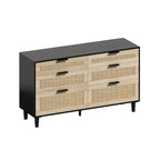 Comò doppio a 6 cassetti con frontale in rattan nero/naturale, maniglie in metallo, gambe in legno