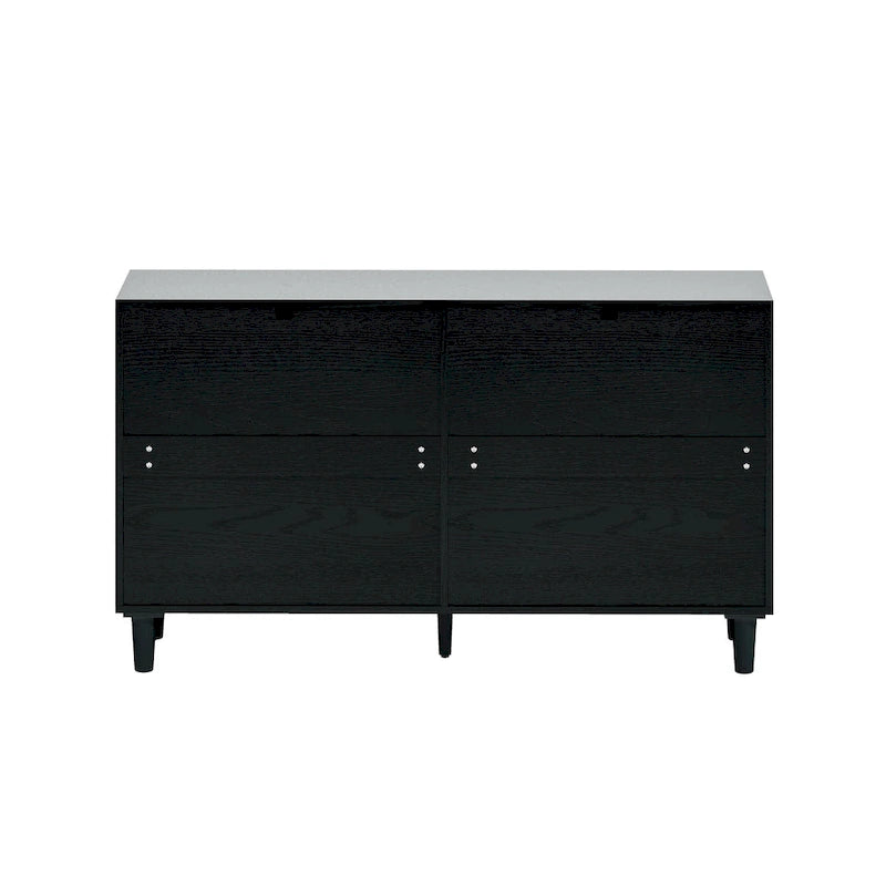 Comò doppio a 6 cassetti con frontale in rattan nero/naturale, maniglie in metallo, gambe in legno