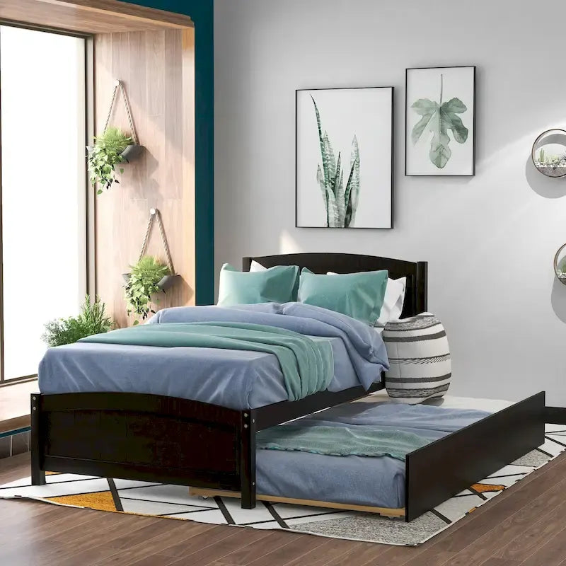 Piattaforma letto doppia con letto estraibile e testiera – Espresso / Grigio / Bianco, 2 posti letto