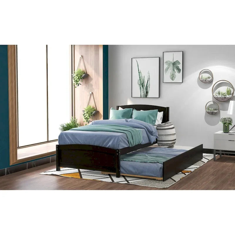 Piattaforma letto doppia con letto estraibile e testiera – Espresso / Grigio / Bianco, 2 posti letto