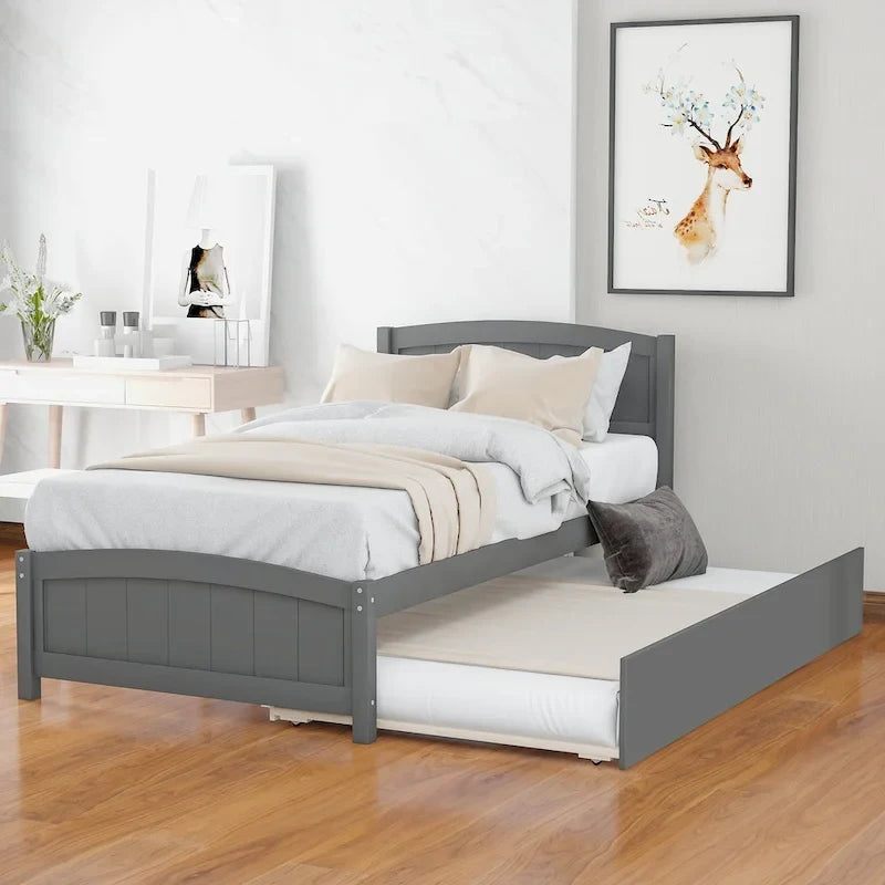 Piattaforma letto doppia con letto estraibile e testiera – Espresso / Grigio / Bianco, 2 posti letto