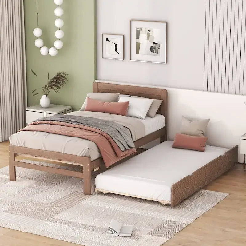 Letto a piattaforma singolo grigio / noce / sbiancato con letto estraibile – Per 2 persone