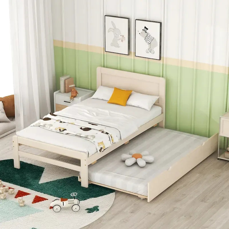 Letto a piattaforma singolo grigio / noce / sbiancato con letto estraibile – Per 2 persone